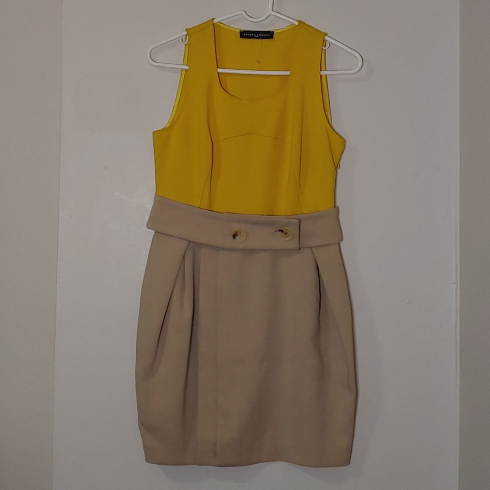 Sandro Ferrone Roma Yellow Beige Colorblock Belted Dress Size 12